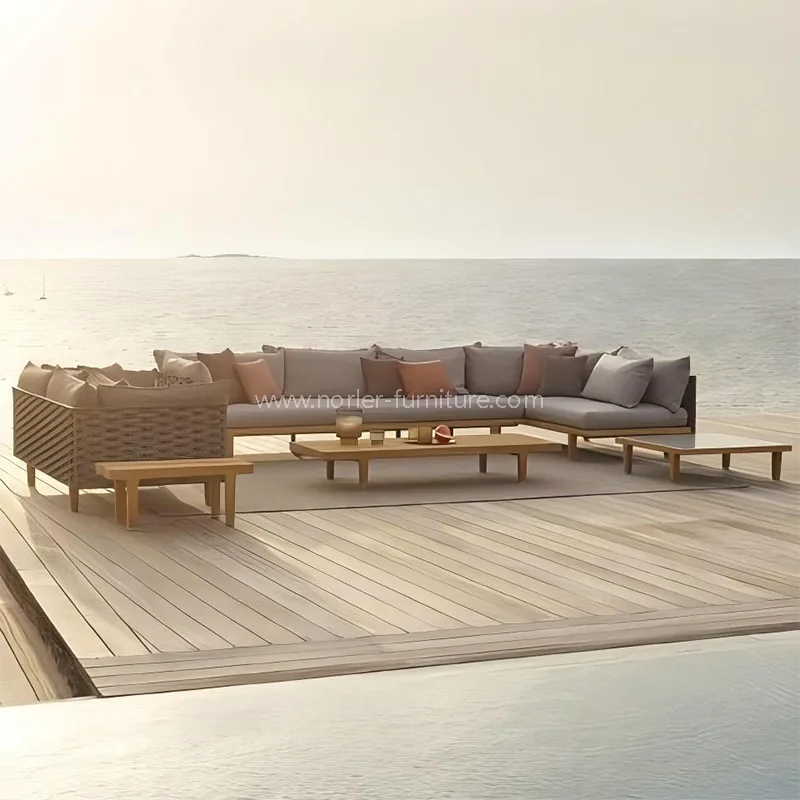 Modern Outdoor Teak Wood Frame Rope Woven Sofa